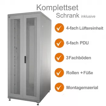 IT-BUDGET 19 inch Szafa serwerowa SRK Zestaw kompletny - 42U - szer. x gł. 800x1000 mm - Drzwi perforowane podwójne przód + tył - 4 aktywne wentylatory - PDU - Półki - Zmonto­wana - Jasnoszara 99ITB19SRK42810DTGM