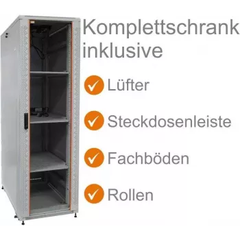 IT-BUDGET 19 inch szafa serwerowa SRK zestaw kompletny 38U 600x800 mm drzwi szklane/stalowe 4 wentylatory aktywne PDU półki flatpack jasnoszara 90ITB19SRK3868GG