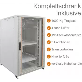 IT-BUDGET szafa serwerowa 19 inch SRK zestaw kompletny - 27U - 800x1000 mm - drzwi przeszklone/pełne - 4 wentylatory aktywne - PDU - półki - zmontowana - jasnoszara 99ITB19SRK27810GGM