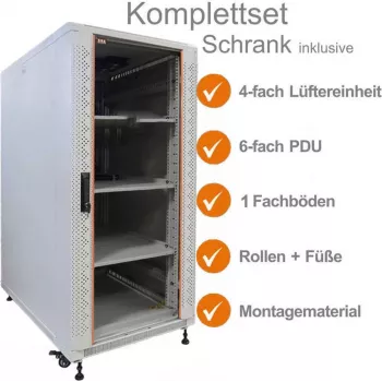 IT-BUDGET 19 inch Szafa serwerowa SRK Zestaw kompletny, 18U, 600x800 mm, Drzwi szklane/Stalowe pełne, 4 aktywne wentylatory, PDU, Półki, Wstępnie zmontowana, Jasnoszara 99ITB19SRK1868GGM