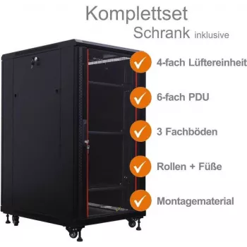 IT-BUDGET 19 inch Szafa sieciowa SRK Zestaw kompletny 22U 600x800 mm Szklane/Stalowe Drzwi 4 Wentylatory PDU Półki Flatpack Czarny 90ITB19SRK2268GS