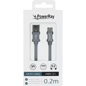 Kabel danych PowerRay PR-DCUC020TGY, USB-A do USB-C, 0,2 m, Textile Grey, Blister