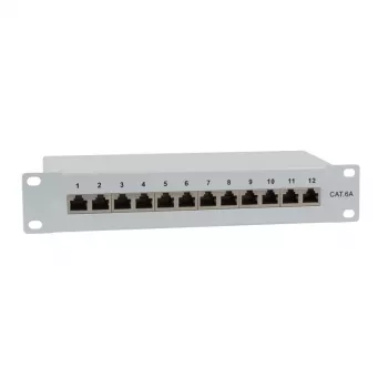 IT-BUDGET 10 inch Panel krosowy - Ekranowany - Cat.6A - 500MHz - 12 portów RJ45 - Obsługa PoE+ - 1U - Szary (90ITB10PP6AG)