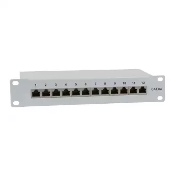 IT-BUDGET 10 inch Panel krosowy - Ekranowany - Cat.6A - 500MHz - 12 portów RJ45 - Obsługa PoE+ - 1U - Szary (90ITB10PP6AG)