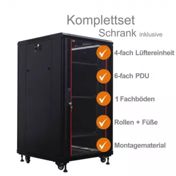 IT-BUDGET 19 inch Szafa serwerowa SRK Zestaw Kompletny - 18U - 600x600 mm - Drzwi Szklane/Stalowe Pełne - 4 Aktywne Wentylatory - PDU - Półki - Zmotowana - Czarna 99ITB19SRK1866GSM