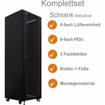 IT-BUDGET 19 inch szafa sieciowa SRK zestaw kompletny 38U 600x800mm drzwi szklane/pełne 4 wentylatory aktywne PDU półki flatpack czarna 90ITB19SRK3868GS