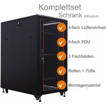 IT-BUDGET 19 inch szafa serwerowa sieciowa SRK zestaw kompletny 27U 600x600mm drzwi szklane/pełne 4 wentylatory PDU półki flatpack czarna 90ITB19SRK2766GS