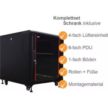 IT-BUDGET 19 inch szafa sieciowa SRK zestaw kompletny 12U 600x800 mm drzwi szklane/stalowe z 4 wentylatorami, PDU, półkami, flatpack, czarna 90ITB19SRK1268GS