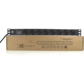 Liebernetz 19 inch listwa zasilająca rack z 8 gniazdami Schuko, ochrona przeciwprzepięciowa, 1U, aluminium, czarna 90LNSDL198SSP