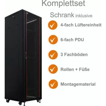 IT-BUDGET 19 inch szafa serwerowa SRK Zestaw kompletny - 38U - 600x600 mm - Drzwi szklane/pełne - 4 aktywne wentylatory - PDU - Półki - Flatpack - Czarna (90ITB19SRK3866GS)