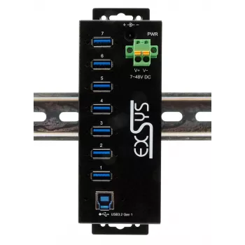 EXSYS USB 3.2 Gen1 7-portowy przemysłowy hub z zestawem do montażu na szynie DIN i ochroną ESD 15kV (EX-1187HMVS-2)