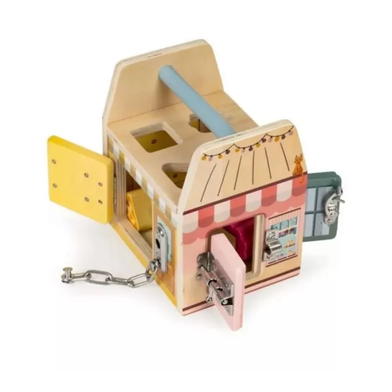 Gerardo's Toys Drewniany domek z zamkami zabawka edukacyjna dla małych dzieci 18m+