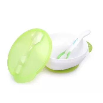 Miska z przyssawką Kidsme z pokrywką i termiczną łyżeczką, limonkowa zieleń, 9m+
