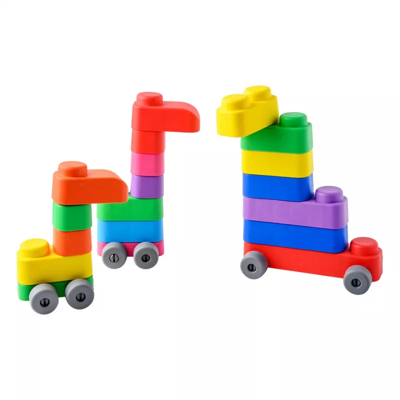 Gerardo's Toys GT3100 Miękki zestaw klocków z kółkami, 14 elementów (10 klocków + 4 części z kółkami)