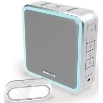 Honeywell DC915SGL Zestaw bezprzewodowego dzwonka do drzwi, zasięg 200 m, 90 dB, 8 melodii, srebrny/szary