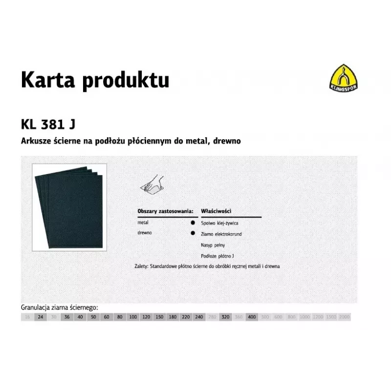 KLINGSPOR Tkanina ścierna arkusz P320 KL381J, 230 x 280 mm, 50 sztuk