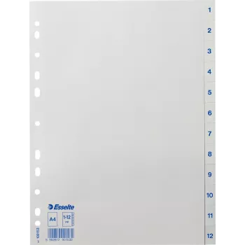 LEITZ Esselte plastikowe przekładki indeksujące, numerowane 1-12, A4, białe, uniwersalna perforacja, 10 zestawów (100153)