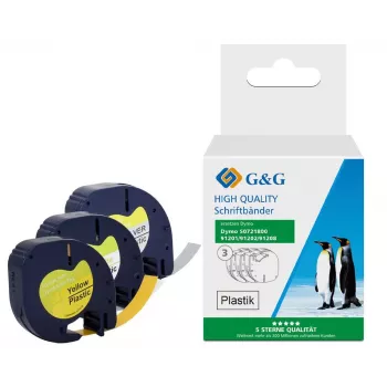Zestaw taśm etykietujących G&G TD-RL-D-91201/2/8-3P, 12 mm, 3-pak (biała, żółta, srebrna na czarnym), kompatybilny z DYMO D1
