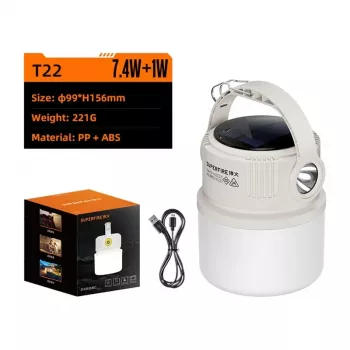 SUPERFIRE T22 Akumulatorowa latarnia kempingowa LED z power bankiem, 350 lumenów, magnetyczna podstawa, haczyk do zawieszania, IP44