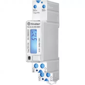 Finder 7M.24.8.230.0001 Jednofazowy cyfrowy licznik energii, 230 V AC, 5(40) A, klasa 1, LCD, wyjście impulsowe S0, szyna DIN, 1 moduł, niezgodny z MID