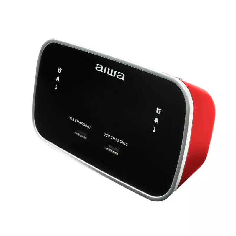 AIWA CRU-19RD Czerwony budzik radiowy z tunerem FM/AM, podwójnym alarmem, drzemką, wyłącznikiem czasowym, wyświetlaczem LED, podtrzymaniem bateryjnym