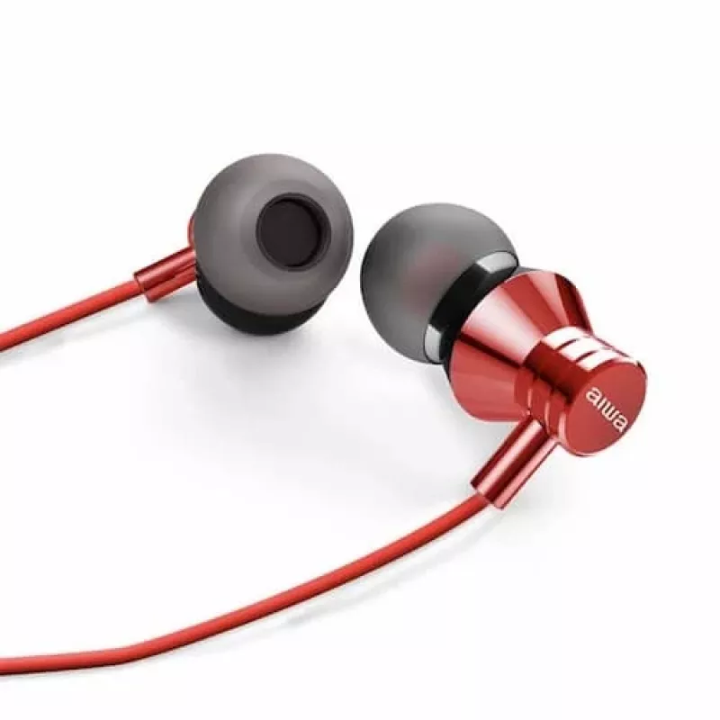 AIWA ESTM-50RD Stereofoniczny zestaw słuchawkowy dokanałowy z mikrofonem, czerwony
