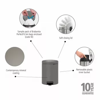 Brabantia NewIcon 5L kosz na pedały, Mineral Concrete Grey