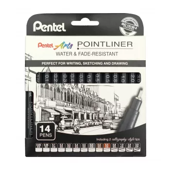 Pentel Arts Pointliner Zestaw Permanentnych Finelinerów, 14 Różnych Grubości Linii 0,03 mm–3,0 mm, Czarny Tusz (YS20P-14)