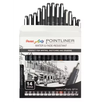 Pentel Arts Pointliner Zestaw Permanentnych Finelinerów, 14 Różnych Grubości Linii 0,03 mm–3,0 mm, Czarny Tusz (YS20P-14)