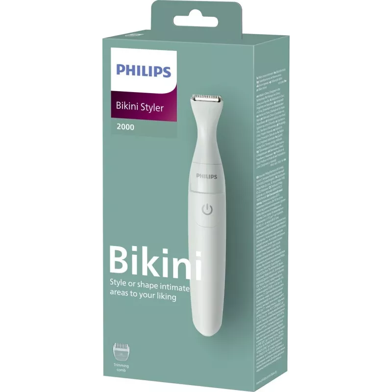 PHILIPS Essential Bikini Trimmer BRT398/15, bezpieczne trymowanie okolic wrażliwych, mokre i suche, 3 ustawienia długości, zasilanie bateryjne, biały z różowymi akcentami