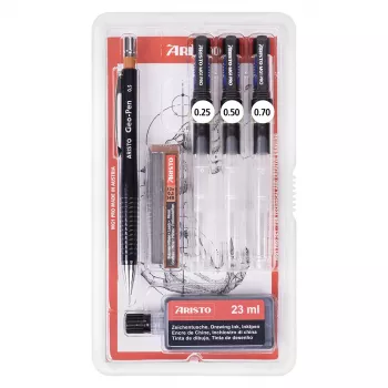 ARISTO mg1 pro College zestaw rapidografów, 3 rapidografy 0,25 / 0,50 / 0,70 mm, 6 elementów (AR64310)