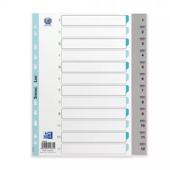 Oxford A4 plastikowe przekładki indeksujące, 12-częściowe, numerowane 1-12, szare, PP 0,12 mm, Euro-Punched 400033989