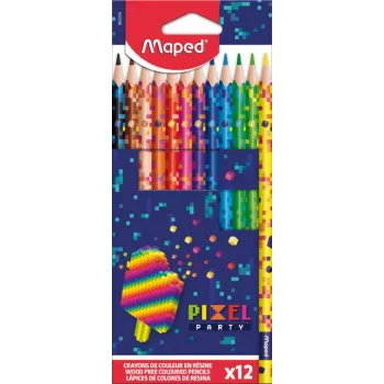 Maped PIXEL PARTY Trójkątne kredki ołówkowe, 12 różnych kolorów, miękkie, odporne na złamanie, korpus we wzór pikseli, tekturowe opakowanie 862204