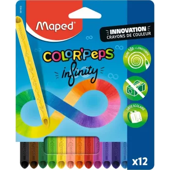 Zestaw kredek trójkątnych Maped COLOR'PEPS INFINITY, 12 mieszanych kolorów, trwałość 10x dłuższa, rdzeń w 100% z pigmentu, etui wielokrotnego użytku 861602