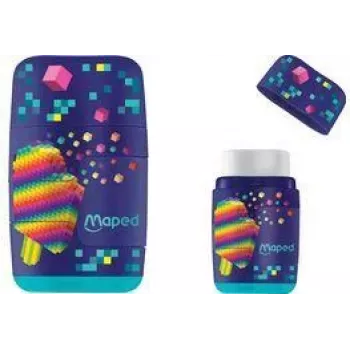 Maped Pixel Party Zestaw Gumki i Temperówki, Podwójny Otwór, Przezroczysty Pojemnik na Wióry, Różne Kolory 049223