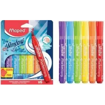 Maped MARKER'PEPS Markery do Okien, 6 Różnych Kolorów, Okrągła Końcówka 2 mm, Etui Kartonowe 844822