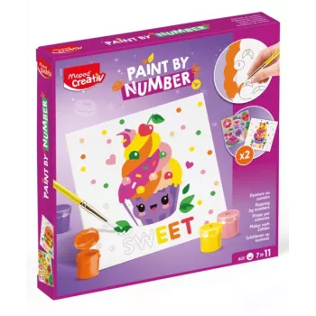 Maped Creativ Zestaw do Malowania po Numerach Kawaii Food Sweet - 2 wstępnie nadrukowane podobrazia, 10 farb akrylowych, pędzel, wiek 7+ 907088