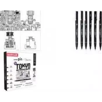 uni-ball Fineliner PIN TOKYO, 6-częściowy zestaw kreatywny, wodoodporny tusz pigmentowy, metalowe obsadki (CF PIN/6 001)