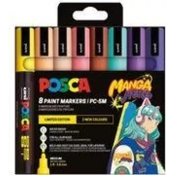Zestaw markerów pigmentowych POSCA PC-5M, 8 kolorów, Manga Hero, średnia okrągła końcówka, wodoodporny, światłotrwały, bezzapachowy PC5M/8APF ASS74