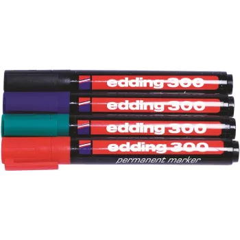 Edding 300-E4 Zestaw markerów, 4 szt., czarny/niebieski/zielony/czerwony 4-300-4