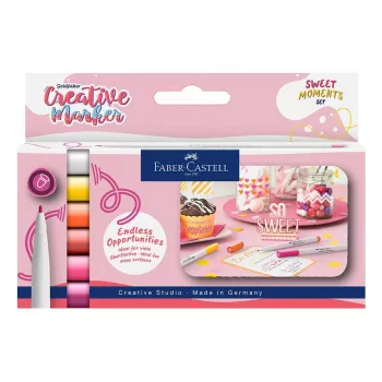 Faber-Castell Goldfaber Creative Marker zestaw, 6 kolorów, Sweet Moments, tusz na bazie wody, bezzapachowy, nierozmazujący się, dwustronna końcówka pędzelkowa i okrągła, etui wielokrotnego użytku 160602
