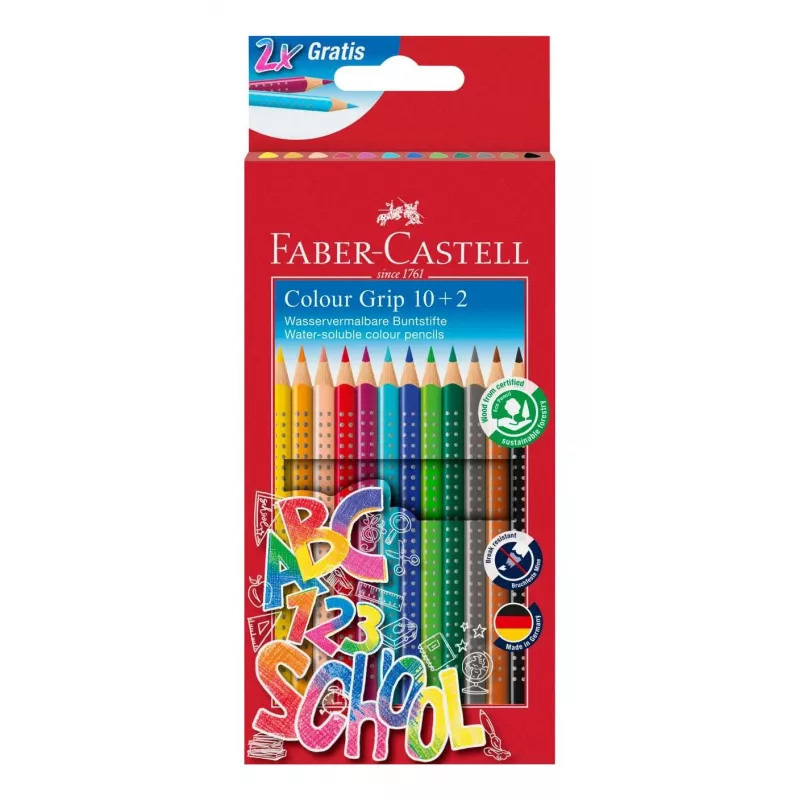 Faber-Castell Colour GRIP trójkątne kredki ołówkowe, różne kolory, 10 sztuk, strefa Soft-Grip, odporny na złamanie grafit 3,3 mm, lakier wodny, etui promocyjne 201585