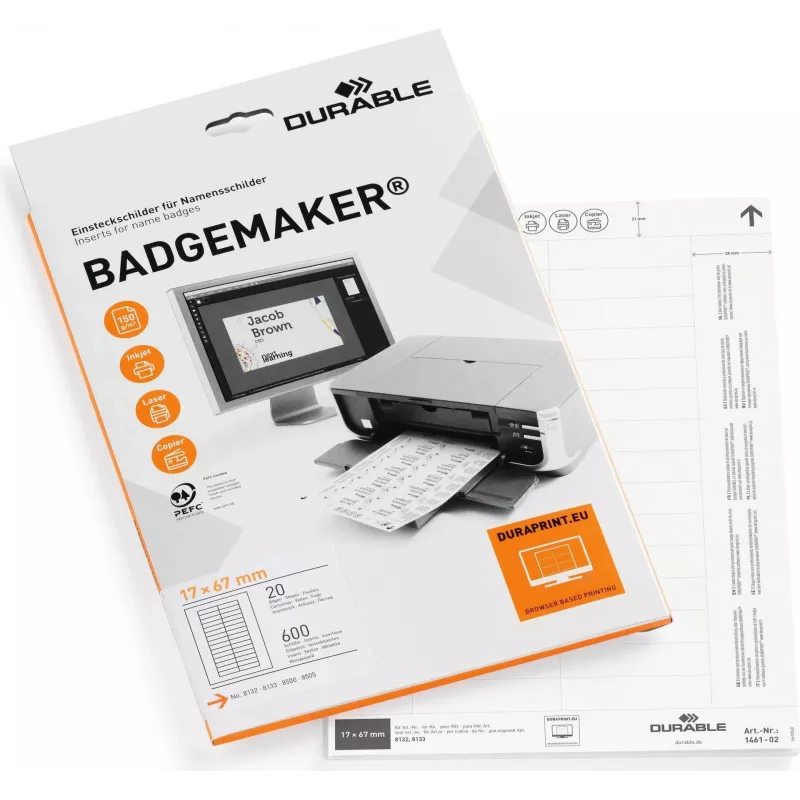 DURABLE BADGEMAKER® Etykiety wkładki 67 x 17 mm, białe, 400 etykiet, arkusze A4, do atramentowych i laserowych 146102