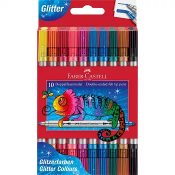 FABER-CASTELL Pisaki włókniste dwustronne z brokatem, 10 mieszanych kolorów, zmywalne, końcówki 3-5 mm i 1 mm 151107