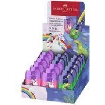 FABER-CASTELL Podwójna temperówka Box Dino/Jednorożec, display z pojemnikiem na wióry do łatwego i czystego ostrzenia, 18 sztuk (183551)