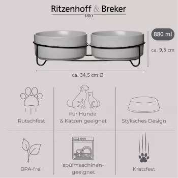 Ritzenhoff & Breker TARO Podwójny Zestaw Misek dla Zwierząt, 880 ml, Szary Kamionkowy z Czarnym Metalowym Stojakiem 450521