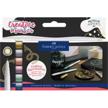 Faber-Castell Creative Marker Goldfaber Metallic Moments, zestaw 6 sztuk, tusz na bazie wody, bezzapachowy, nierozmazujący się, różne kolory metaliczne 161107
