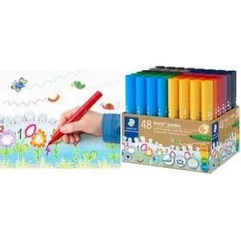 STAEDTLER Noris Jumbo 328-B KP48 Pisaki, 48 kolorów, końcówka włóknista 3,0 mm, trójkątny korpus, zmywalny tusz, wentylowana skuwka, pojemnik wielokrotnego użytku