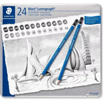 Zestaw ołówków do rysowania STAEDTLER Mars Lumograph 100 G24, 24 ołówki o różnych twardościach w metalowym pudełku, niebieskie sześciokątne