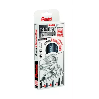 Pentel Manga Action Zestaw Pisaków Fineliner, Czarny, 3 Pisaki (0,05/0,2/0,8 mm) w Etui MNG3PCS-AC